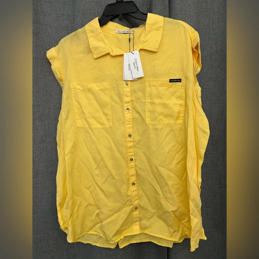Calvin Klein Jeans Womens Yellow Tencel Blouse Button-Down Top Shirt Plus NWT - Picture 3 of 5